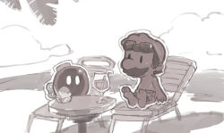 1boy alcohol barefoot beach beach_chair big_nose bobby_(paper_mario) bomb cloud cup day drinking_glass drinking_straw explosive eyewear_on_head facial_hair feet food full_body greyscale leaf_print looking_ahead male_focus male_swimwear mario mario_(series) monochrome mustache nintendo ocean on_chair outdoors outline palm_tree paper paper_mario paper_mario:_the_origami_king paper_mario_(character) rokuyontarou shadow shaved_ice shore short_hair sitting sky solid_oval_eyes spoon sunglasses swim_trunks toes topless_male tree white_outline winding_key wine wine_glass