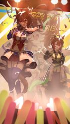 Rule 34 | 5girls, :d, absurdres, agnes tachyon (lunatic lab) (umamusume), agnes tachyon (sigma experiment) (umamusume), agnes tachyon (umamusume), ahoge, animal ears, bikini, black bikini, black pants, blue necktie, blush, boots, bracelet, breasts, cardigan, collared jacket, commentary request, concert, cropped jacket, cropped shirt, denim, denim shorts, full body, garter straps, glowstick, green shirt, hair between eyes, highres, holding, holding microphone, horse ears, horse girl, horse tail, jacket, jewelry, long sleeves, looking at viewer, medium breasts, microphone, midriff, multiple girls, multiple persona, music, nanaken (qijian23092715), navel, necktie, official alternate costume, official alternate hairstyle, open clothes, open jacket, open mouth, pants, penlight (glowstick), purple thighhighs, red eyes, red shirt, red shorts, screen zoom, shirt, short shorts, shorts, sidelocks, singing, smile, standing, starting future (umamusume), stomach, swimsuit, tail, teeth, thighhighs, umamusume, upper teeth only, white boots