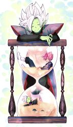 Rule 34 | 3boys, black bodysuit, black pants, blue pants, bodysuit, boots, closed eyes, colored skin, dougi, dragon ball, dragon ball super, earrings, foot against wall, fused zamasu, goku black, green skin, grey eyes, hourglass, jewelry, long sleeves, mohawk, multiple boys, pants, pink hair, pointy ears, potara earrings, purple shirt, red sash, ring, rz pasta, saiyan, sand, sash, shirt, smile, spiked hair, super saiyan, super saiyan rose, tagme, white footwear, white hair