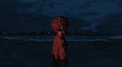 1boy abstract beach building city city_lights cloud highres horns ja_wangnan kapxapius looking_at_another night night_sky ocean red_light sand scenery shaded_face shadow shirt short_hair sky small_horns solo tower_of_god underlighting