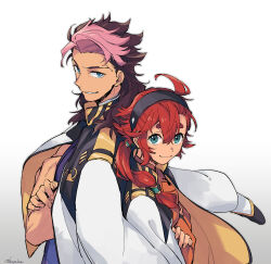 1boy 1girl ahoge aqua_eyes asticassia_school_uniform back-to-back black_hairband blue_eyes brown_hair crossed_arms guel_jeturk gundam gundam_suisei_no_majo hair_between_eyes hairband highres jacket jacket_on_shoulders long_hair looking_at_viewer mullet multi-tied_hair multicolored_hair parted_lips pink_hair school_uniform short_hair_with_long_locks smile suletta_mercury thick_eyebrows two-tone_hair upper_body wakaya_hana white_background white_jacket