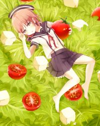 1girl :o barefoot beret blush boyano brown_eyes brown_hair cherry_tomato female_focus food hat in_food lettuce looking_at_viewer lying midriff mini_person minigirl navel on_back open_mouth original pleated_skirt salad school_uniform serafuku skirt solo suspenders tomato