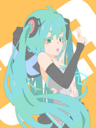 Rule 34 | 1girl, :o, black skirt, black sleeves, blue eyes, blue hair, blue nails, breasts, commentary request, cowboy shot, detached sleeves, fingernails, grey shirt, hair ornament, hara id 21, hatsune miku, highres, ligne claire, long hair, long sleeves, looking at viewer, miniskirt, navel, number tattoo, open mouth, orange background, pleated skirt, shirt, skirt, small breasts, solo, strapless, strapless shirt, tattoo, twintails, v, very long hair, vocaloid