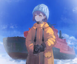 1girl airool bang_dream! bang_dream!_it&#039;s_mygo!!!!! beanie blue_hat blue_sky blurry camera chinese_commentary cloud coat commentary_request cowboy_shot day depth_of_field gloves grey_gloves hair_between_eyes hat holding holding_camera icebreaker_ship light_particles long_sleeves looking_to_the_side outdoors pocket purple_hair red_eyes ship short_hair sidelighting sky sleeves_past_wrists solo strap takamatsu_tomori turtleneck watercraft yellow_coat
