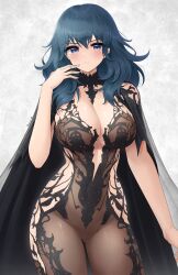 1girl alternate_costume black_cape blue_eyes blue_hair bodystocking breasts cape center_opening chronopattern_dress cleavage cowboy_shot curvy doiparuni female_byleth_(fire_emblem) fire_emblem fire_emblem:_three_houses gluteal_fold hand_up highres large_breasts looking_at_viewer meme_attire nintendo parted_lips simple_background solo