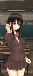 Rule 34 | 1girl, black hair, classroom, desk, female focus, hisahara shizuku, hosi-gaki, long hair, neck ribbon, original, pleated skirt, red eyes, ribbon, school, school desk, school uniform, shitou (4h), skirt, solo, standing, zenra toukou school