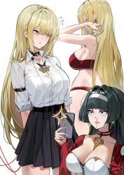 2girls alternate_costume alternate_hairstyle aroused_nosebleed astra_yao black_choker black_hair black_skirt blonde_hair blood bra breasts choker cleavage collared_shirt commentary earrings embarrassed evelyn_chevalier female_pervert flying_sweatdrops hair_down hairband holding holding_phone jacket jewelry large_breasts long_hair maanu multiple_girls necklace nosebleed panties pearl_necklace pervert phone pleated_skirt purple_eyes red_bra red_eyes red_jacket red_panties shirt skirt symbol-only_commentary taking_picture underwear very_long_hair white_hairband white_shirt yuri zenless_zone_zero
