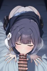 0haribo0 1boy 1girl absurdres all_fours ass bar_censor bed_sheet black_shoes blue_skirt blue_vest blunt_bangs blush censored closed_eyes clothes_lift commentary_request cum cum_in_pussy cum_overflow ejaculation fellatio flower gakuen_idolmaster hair_flower hair_ornament hataya_misuzu hatsuboshi_gakuen_school_uniform heart hetero highres idolmaster oral panties partial_commentary penis pov purple_hair school_uniform shirt shoes short_hair skirt skirt_lift sweat underwear veins veiny_penis vest white_panties white_shirt