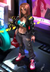 1girl artist_name breasts brown_lips cleavage hand_on_own_hip highres jacket large_breasts leather leather_jacket legs looking_at_viewer midriff navel open_clothes open_jacket original pants smile tank_top thighs thong whale_tail_(clothing)