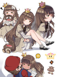 Rule 34 | 1boy, 1girl, anger vein, bad id, bad pixiv id, black footwear, bloomers, blunt bangs, blush, bobby socks, bow, brooch, brown eyes, brown hair, cnm, crossed bandaids, crown, dress, full body, goomba, grey legwear, highres, jewelry, long hair, looking at viewer, mario (series), new super mario bros. u deluxe, nintendo, simple background, sitting, socks, spoken anger vein, super crown, tears, underwear, white background