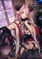 1girl black_gloves black_thighhighs blue_eyes breasts character_name commentary commission dated draph facebook_logo facebook_username fishine garter_straps gloves granblue_fantasy hair_over_one_eye half_gloves hands_up highres horns indoors japanese_clothes kimono large_breasts long_hair looking_at_viewer narmaya_(granblue_fantasy) narmaya_(holiday)_(granblue_fantasy) off_shoulder outstretched_arm parted_lips photo-referenced pixiv_logo pixiv_username pointy_ears purple_hair red_kimono sample_watermark see-through_clothes signature sitting solo thighhighs twitter_logo twitter_username watermark wide_sleeves window