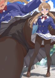 1girl bag black_hair black_panties black_pantyhose blush bow bowtie breasts collared_shirt gluteal_fold highres loafers long_hair looking_at_viewer low_twintails medium_breasts mtu_virus multiple_views open_mouth panties pantyhose pleated_skirt purple_eyes red_bow red_bowtie sakuya_(sister_princess) school_bag school_uniform shimouki_izui shirt shoes sister_princess skirt solo spread_legs standing twintails underwear very_long_hair white_shirt wind wind_lift