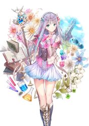 1girl absurdres aqua_eyes atelier_(series) atelier_lulua book boots closed_mouth elmerulia_frixell flower frilled_skirt frills hair_ornament heart heart_hair_ornament highres hime_cut kishida_mel knees legs light_purple_hair long_hair long_sleeves miniskirt official_art skirt smile solo staff standing