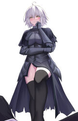 1girl absurdres ahoge armor armored_dress black_capelet black_dress black_thighhighs blush breasts capelet chain collar dress fate/grand_order fate_(series) faulds gauntlets grey_hair grin highres jeanne_d&#039;arc_alter_(avenger)_(fate) jeanne_d&#039;arc_alter_(fate) large_breasts looking_at_viewer metal_collar natu_zame plackart short_hair smile solo_focus thighhighs thighs variant_set yellow_eyes