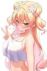 Rule 34 | 1girl, absurdres, alternate costume, blonde hair, blush, breasts, camisole, commentary request, crop top, crop top overhang, double-parted bangs, double bun, flower, from side, green eyes, hair between eyes, hair bun, hair flower, hair ornament, highres, hololive, long hair, looking at viewer, loungewear, marishia holo, medium breasts, momosuzu nene, navel, raised inner eyebrows, see-through silhouette, side up bun, sideboob, simple background, smile, smug, solo, spaghetti strap, strap lift, two side up, upper body, virtual youtuber, white background, white camisole