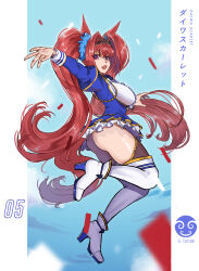 1girl :d absurdres animal_ears ass blue_jacket blue_skirt blue_sky boots breasts character_name circlet cloud cloudy_sky confetti daiwa_scarlet_(umamusume) eleditor full_body high_heel_boots high_heels highres horse_ears horse_girl horse_tail jacket large_breasts long_hair long_sleeves looking_at_viewer no_panties open_mouth orange_hair purple_eyes skirt sky smile solo tail thigh_boots twintails umamusume very_long_hair