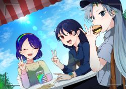 3girls absurdres alternate_costume black_camisole black_skirt blouse blue_hair blue_shirt blue_sky bracelet burger camisole chair contemporary cup dress ear_piercing eyewear_on_head food french_fries glasses grey_eyes grey_hair grey_shirt hairband hat highres himemushi_momoyo iizunamaru_megumu jewelry kaisenpurin lace_collar long_hair long_sleeves mullet multicolored_dress multicolored_hairband multiple_girls outdoors piercing rainbow_gradient red_eyes ring see-through_clothes shirt short_hair short_sleeves skirt sky smile smoothie tenkyuu_chimata touhou watch