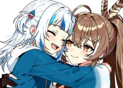 2girls :d ahoge blue_hair blue_hoodie brown_eyes brown_hair closed_eyes feather_hair_ornament feathers fgk_miyabi gawr_gura gawr_gura_(1st_costume) gloves hair_ornament hairclip hand_on_another&#039;s_back hololive hololive_english hood hoodie hug long_hair looking_at_another multicolored_hair multiple_girls nanashi_mumei nanashi_mumei_(1st_costume) open_mouth partially_fingerless_gloves ponytail shark_girl shark_hair_ornament sharp_teeth shirt smile streaked_hair teeth two-tone_hoodie very_long_hair virtual_youtuber white_hair white_shirt wide_sleeves