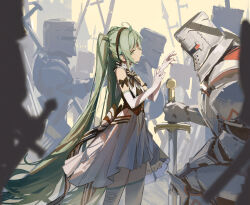 1girl absurdres armor blurry breasts commentary_request depth_of_field dress elbow_gloves gloves green_hair hatsune_miku helm helmet highres holding holding_sword holding_weapon kneeling knight long_hair looking_at_another loong_(loong_blo) people plate_armor small_breasts standing sword thighhighs twintails very_long_hair vocaloid weapon white_dress white_gloves white_thighhighs