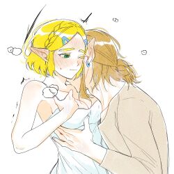 1boy 1girl bare_shoulders big_egg526 blonde_hair blush braid breasts cleavage colored_eyelashes couple crown_braid earrings green_eyes grey_shirt hair_ornament hairclip heavy_breathing hetero highres jewelry kissing_shoulder lingerie link long_sleeves low_ponytail medium_breasts medium_hair nintendo one_eye_closed parted_bangs pointy_ears ponytail princess_zelda shirt short_hair sweatdrop the_legend_of_zelda the_legend_of_zelda:_breath_of_the_wild thick_eyebrows underwear upper_body white_background white_negligee