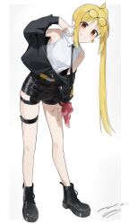1girl absurdres ahoge bare_shoulders black_boots black_jacket black_necktie black_shorts blonde_hair bocchi_the_rock! boots border collared_shirt commentary dated eyewear_on_head full_body glasses grey_background hand_up highres ijichi_nijika jacket lace-up_boots leaning_forward long_hair long_sleeves looking_at_viewer nail_polish necktie outside_border partially_unzipped red_eyes seisyuntarotto shirt shorts side_ponytail sidelocks signature simple_background sleeveless sleeveless_shirt solo standing thigh_strap v very_long_hair white_border yellow_nails