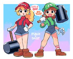 Rule 34 | 2girls, :d, absurdres, black eyes, blonde hair, blue overalls, brown hair, cosplay, english text, full body, gloves, green hat, green sweater, hammer, hat, highres, luigi, luigi (cosplay), mario, mario (cosplay), mario (series), multiple girls, nintendo, open mouth, overall shorts, overalls, ponytail, princess daisy, princess peach, rariatto (ganguri), red hat, red sweater, smile, standing, sweater, white gloves