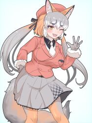 1girl animal_ears aramaru belt blue_background brown_hair extra_ears fox_ears fox_girl fox_tail gloves grey_hair hat highres island_fox_(kemono_friends) jacket kemono_friends kemono_friends_v_project long_hair looking_at_viewer microphone necktie one_eye_closed pantyhose ribbon shirt simple_background skirt solo tail twintails virtual_youtuber yellow_eyes