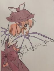 1girl animal_ears back_bow back_cutout bird_ears blush bow brown_dress brown_eyes clothing_cutout commentary dress highres long_sleeves looking_at_viewer looking_back medium_hair mystia_lorelei pink_hair solo touhou traditional_media white_wings winged_hat wings zeppachi