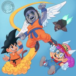 absurdres angel_wings black_hair blue_background blue_eyes brown_eyes cloud daiei_film daiei_motion_picture dr._slump dragon_ball dragonfetus1 exhaust eyelashes fire flippers flying gamera gamera_(series) glasses hat head_wings highres kadokawa norimaki_arale overalls purple_hair robot smile son_goku tail toriyama_akira_(character) toriyama_akira_(style) turtle tusks wings