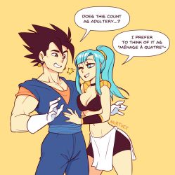 1boy 1girl artist_name black_eyes black_hair blue_eyes blue_hair breasts bulchi bulma chi-chi_(dragon_ball) cleavage dragon_ball english_text fusion large_breasts long_hair matching_hair/eyes midriff muscular muscular_male navel nortuet one_eye_closed revealing_clothes short_hair smile stomach vegetto vegito wide_hips wink