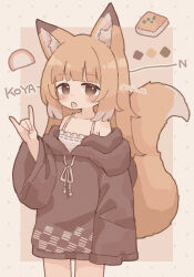 1girl absurdres aburaage animal_ear_fluff animal_ears arm_at_side black_hoodie blonde_hair blunt_bangs blush brown_eyes camisole colon_br cowboy_shot fang food fox_ears fox_girl fox_shadow_puppet fox_tail highres hood hoodie long_hair looking_at_viewer off_shoulder open_mouth original skin_fang solo standing tail twitter_username white_camisole