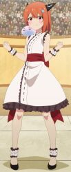 1girl absurdres anime_screenshot bare_shoulders black_shoes dragon_girl dragon_horns dress fighting_stance full_body hair_between_eyes highres horns laika_(slime_taoshite_300_nen) medium_hair red_eyes red_hair shoes slime slime_taoshite_300_nen_shiranai_uchi_ni_level_max_ni_nattemashita smile white_dress