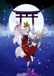 Rule 34 | 1girl, absurdres, animal ears, arm up, bead bracelet, beads, belt, black belt, bracelet, breasts, cleavage, clothing cutout, collarbone, commentary request, covered eyes, digimon, digimon (creature), facial mark, falling petals, fox ears, fox mask, full body, full moon, gohei, grey hair, hakama, hakama pants, highres, hip vent, holding, holding gohei, japanese clothes, jewelry, kimono, large breasts, lipstick, long hair, long sleeves, makeup, mask, miko, miko day, moon, night, oonusa, outdoors, pants, parted lips, petals, purple lips, red hakama, reflection, reflective water, sakuyamon, sakuyamon: miko mode, solo, standing, standing on one leg, tabi, tai (cheungsk1213), torii, tree, very long hair, water, white kimono, wide sleeves