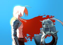 2boys abs absurdres alphonse_elric armor black_pants blonde_hair blue_background braid covered_eyes edward_elric fullmetal_alchemist highres male_focus medium_hair multiple_boys muscular muscular_male pants prosthesis prosthetic_arm shallhui simple_background topless_male upper_body