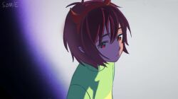 Rule 34 | 1other, aged down, alien stage, brown hair, closed mouth, commentary, deltarune, demon horns, english commentary, fake horns, green sweater, hairband, horn hairband, horns, kris (deltarune), red eyes, red hairband, red horns, scene reference, short hair, signature, smbdylsss, sweater