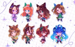Rule 34 | 6+girls, absurdres, ahoge, animal ears, aqua eyes, aqua hair, ascot, asymmetrical footwear, black gloves, black pantyhose, blue eyes, blue hair, blunt bangs, blush stickers, bow, bowtie, braid, brown eyes, brown hair, chibi, chibi only, coat, commentary, crossed arms, crossed bangs, domino mask, double thumbs up, dress, drop shadow, ear covers, ear ornament, el condor pasa (umamusume), english commentary, gloves, green bow, green dress, hair bow, hair ornament, hairband, hairclip, hand on own hip, hand up, heterochromia, highres, hood, hoodie, horse ears, horse girl, horse tail, jacket, jungle pocket (umamusume), king halo (umamusume), leg up, long hair, long sleeves, looking at viewer, mask, medium hair, mismatched footwear, multicolored bow, multicolored bowtie, multicolored hair, multicolored hoodie, multiple girls, nice nature (umamusume), open mouth, orange hair, orri (iirokagi), outstretched arm, own hands together, pantyhose, pink sailor collar, pleated skirt, pointing, pointing at self, purple eyes, red coat, red hair, riichuuba, sailor collar, sharp teeth, shoes, short sleeves, side braid, sidelocks, silence suzuka (umamusume), skirt, special week (umamusume), streaked hair, striped bow, stuffed animal, stuffed rabbit, stuffed toy, symboli rudolf (umamusume), tail, teeth, thumbs up, twin turbo (umamusume), twintails, two-tone hair, umamusume, very long hair, white background, yellow ascot, yellow eyes, yellow jacket