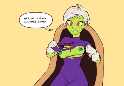 1girl accidental_exposure breasts cheelai colored_skin dragon_ball dragon_ball_super embarrassed english_text female_focus gloves green_skin nervous nipples nortuet nude red_eyes short_hair tearing_clothes torn_clothes white_hair