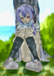 1girl arar0158 blue_hair blush bow day grass kneehighs looking_at_viewer outdoors red_eyes ribbon school_uniform shoes short_hair short_sleeves sitting skirt socks solo sorakado_ao