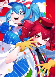 Rule 34 | 2girls, apron, arm up, black choker, black necktie, blue background, blue dress, blue eyes, blue hair, bow, buttons, ch ro49, choker, cloud, collared shirt, commentary request, confetti, diagonal-striped bow, double-breasted, double-parted bangs, dress, drill hair, gloves, hair between eyes, hand up, hat, hat bow, hatsune miku, highres, kasane teto, kepi, long hair, mesmerizer (vocaloid), military hat, multiple girls, necktie, one eye closed, open mouth, pants, pinstripe dress, pinstripe hat, pinstripe pattern, red background, red bow, red eyes, red hat, red pants, sailor collar, salute, shirt, short sleeves, sleeves rolled up, smiley hat ornament, star-shaped pupils, star (symbol), striped clothes, striped shirt, suspenders, symbol-shaped pupils, teeth, tongue, twin drills, twintails, two-finger salute, two-tone bow, upper body, utau, visor cap, vocaloid, waist apron, white apron, white bow, white sailor collar, wing collar, yellow gloves