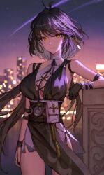 1girl =_hair_ornament antenna_hair arm_strap bare_shoulders black_dress black_hair blurry blurry_background breasts city cityscape cleavage closed_mouth colored_inner_hair commentary cowboy_shot cross-laced_clothes cross-laced_dress cross-laced_top dress elbow_pads female_rover_(wuthering_waves) gloves large_breasts looking_at_viewer multicolored_hair night night_sky partially_fingerless_gloves pelvic_curtain ribbon rover_(wuthering_waves) sib_(9obsl) sky smile solo standing white_hair wuthering_waves yellow_eyes yellow_ribbon