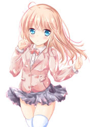 Rule 34 | 1girl, ahoge, black skirt, blonde hair, blue eyes, blush, bow, bowtie, brown jacket, clothes lift, collared shirt, commentary request, dress shirt, female focus, hair between eyes, jacket, long hair, original, panties, panty peek, parted lips, pink bow, pink bowtie, pleated skirt, school uniform, shihou haru, shirt, simple background, skirt, skirt lift, solo, thighhighs, underwear, very long hair, white background, white panties, white shirt, white thighhighs, wind, wind lift