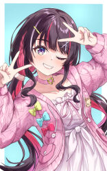 Rule 34 | 1girl, absurdres, azki (hololive), blue background, blue bow, blush, bow, breasts, brown hair, choker, colored inner hair, double v, dress, hair ornament, hair scrunchie, hairclip, highres, hololive, long hair, looking at viewer, multicolored hair, one eye closed, pink choker, pink sweater, purple eyes, qussie, red bow, red hair, scrunchie, simple background, small breasts, smile, solo, sweater, twintails, v, virtual youtuber, white dress, yellow bow