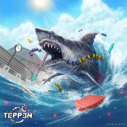 black_eyes blue_sky capcom clock cloud day fins fish gills great_white_shark highres horror_(theme) jumping monster monster_focus moopic neptune_(resident_evil) no_humans official_art open_mouth partially_submerged pool resident_evil scar scar_on_body scar_on_face scar_on_fin shark sharp_teeth sky splashing sun swimming teeth teppen tongue undead water zombie zombie_shark