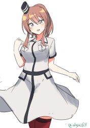 Rule 34 | 1girl, absurdres, breast pocket, breasts, brown hair, cowboy shot, dress, grey eyes, hair between eyes, high side ponytail, highres, kantai collection, large breasts, one-hour drawing challenge, pocket, ponytail, red thighhighs, robinson (day l full), saratoga (kancolle), saratoga mk ii (kancolle), sidelocks, simple background, smokestack hair ornament, solo, standing, thighhighs, white background, white dress