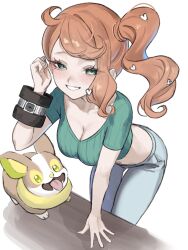 Rule 34 | 1girl, absurdres, ahoge, arm support, ayeon, baby animal, blue pants, blush, breasts, cleavage, collarbone, commentary, cropped shirt, denim, dog, from above, gen 8 pokemon, green eyes, green shirt, grin, hair ornament, hand on table, hand up, hanging breasts, heart, heart hair ornament, highres, jeans, large breasts, leaning forward, long eyelashes, long hair, looking at viewer, midriff, nintendo, open mouth, orange hair, pants, pet, pokemon, pokemon (creature), pokemon swsh, puppy, ribbed shirt, shirt, short sleeves, side ponytail, simple background, single sidelock, smile, sonia (pokemon), spread fingers, table, thigh gap, tight clothes, tight shirt, tongue, tongue out, v-neck, wavy hair, white background, wooden table, yamper