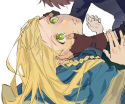Rule 34 | 1boy, 1girl, blonde hair, blue capelet, blue shirt, braid, brown gloves, brown hair, capelet, chilchuck tims, crying, dungeon meshi, fingerless gloves, fingernails, gloves, green eyes, hands on another&#039;s face, hands up, kugai697139, long hair, long sleeves, looking at another, looking down, looking up, marcille donato, shirt, short hair, simple background, teeth, white background