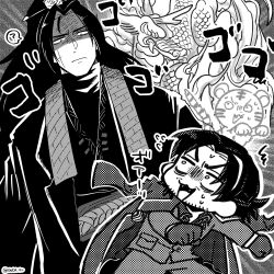 beard_stubble chibi chinese_clothes clenched_hands closed_mouth coat coat_on_shoulders dragon eastern_dragon facial_hair facial_scar fangs flying_sweatdrops furrowed_brow gloves greyscale hanfu high_ponytail highres jia_qiu_(project_moon) lei_heng_(project_moon) limbus_company long_hair looking_at_another male_focus monochrome mustache_stubble open_mouth partially_shaded_face ponytail popped_collar project_moon scar scar_on_cheek scar_on_face scarf snch_11 stubble sweatdrop tiger undershirt xiao_guan_(headdress)