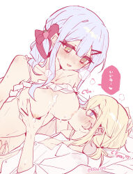 2girls bang_dream! bang_dream!_it&#039;s_mygo!!!!! blonde_hair blue_hair blush bow breast_sucking breasts camisole camisole_lift clothes_lift commentary_request cream hair_bow highres kyou_039 large_breasts long_hair misumi_uika multiple_girls nipples purple_eyes red_bow sidelocks small_breasts sweets_paradise togawa_sakiko translation_request white_camisole yuri