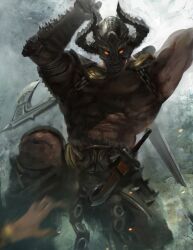 1boy abs arm_up armor axe bad_bcy_id bad_id bare_arms belt black_pants blurry blurry_foreground bracer brown_belt chinese_commentary commentary_request dagger dark-skinned_male dark_skin dual_wielding embers fog green_background guyu_(bcy_929) helm helmet holding holding_axe holding_sword holding_weapon imminent_attack knee_up knife male_focus mechanical_arms muscular muscular_male orange_eyes original outstretched_hand pants pectorals pov sheath single_mechanical_arm solid_eyes spiked_armor studded_belt sword teeth torn_clothes torn_pants weapon
