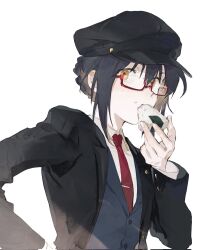 1other androgynous black_hair black_headwear black_jacket blue_vest braid braided_bun newsboy_cap eating fate/grand_order fate/samurai_remnant fate_(series) food food_on_face glasses hair_bun hand_on_own_hip hat highres holding holding_food jacket mimulishizi necktie official_alternate_costume official_alternate_hairstyle onigiri red-framed_eyewear red_necktie rice rice_on_face sidelocks simple_background suit_jacket tie_clip vest white_background yamato_takeru_(fate) yamato_takeru_(second_ascension)_(fate) yellow_eyes
